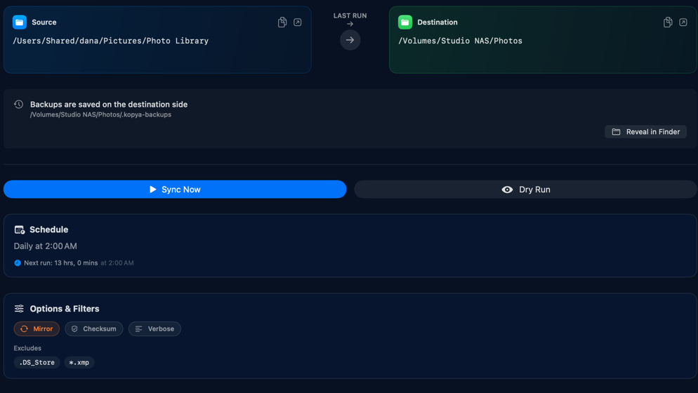 A Kopya sync job showing its source and destination folders, where backups are kept, and its schedule and filter options.