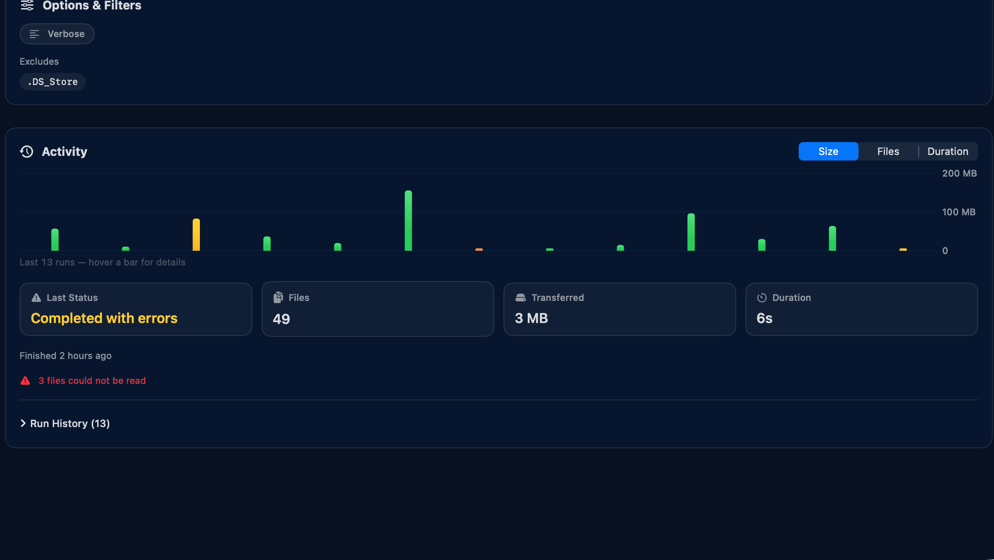 A Kopya run reported as completed with errors, noting that three files could not be read, instead of showing success.