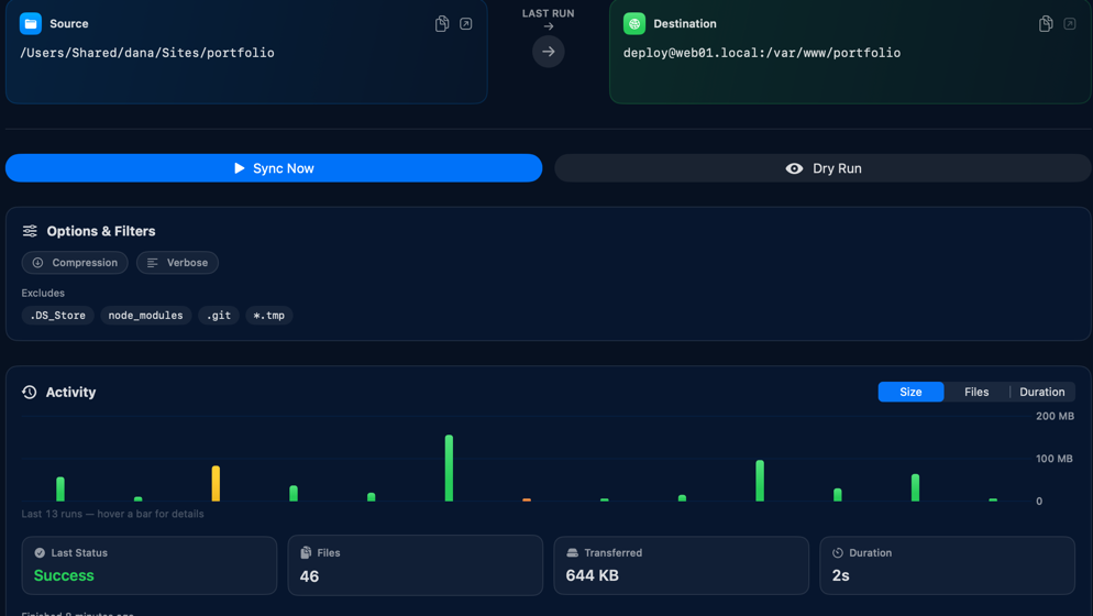 A Kopya job syncing a local folder to a remote SSH destination at deploy@web01.local, with compression and exclude patterns.