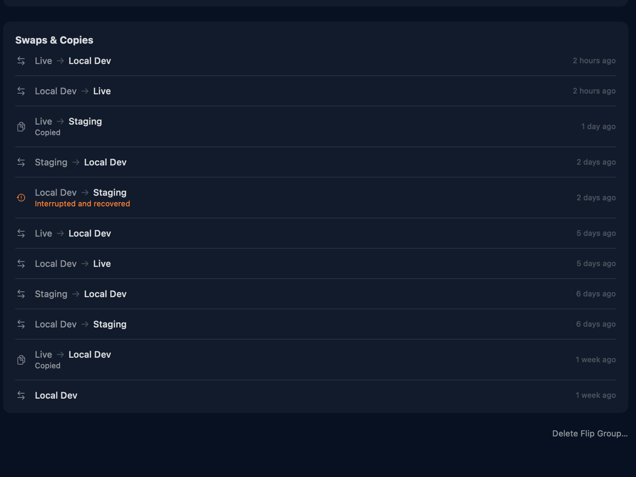Kopya's Swaps and Copies history for a Flip group, listing each swap and its outcome.