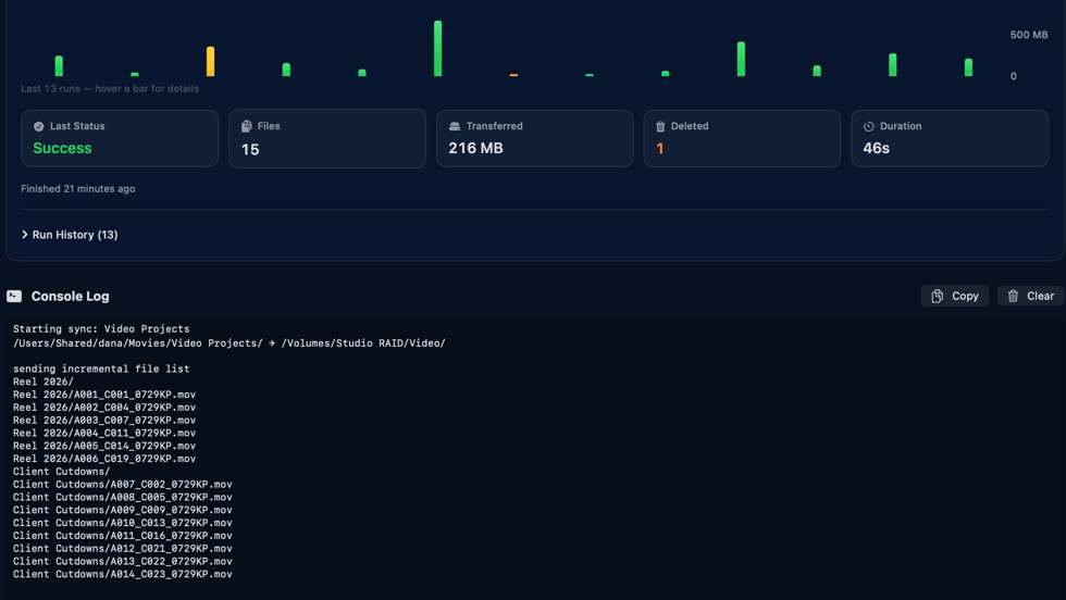 A Kopya job detail view with the live transfer log during a sync.
