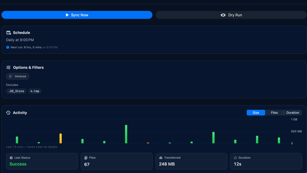 A Kopya job's schedule, filters and recent run history, with the last run reported as successful.