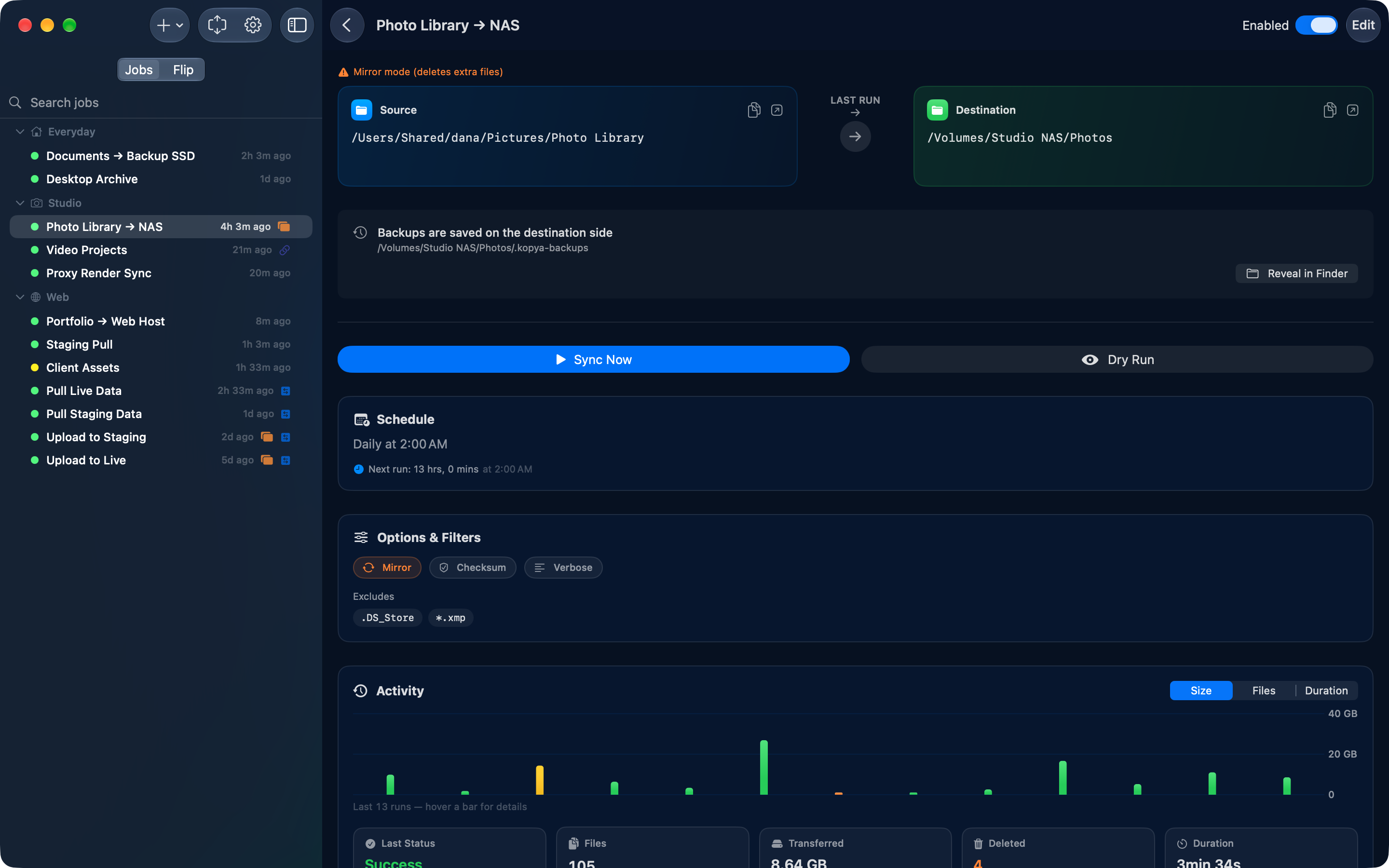 Kopya's three-pane main window with the job sidebar, job details and activity log.