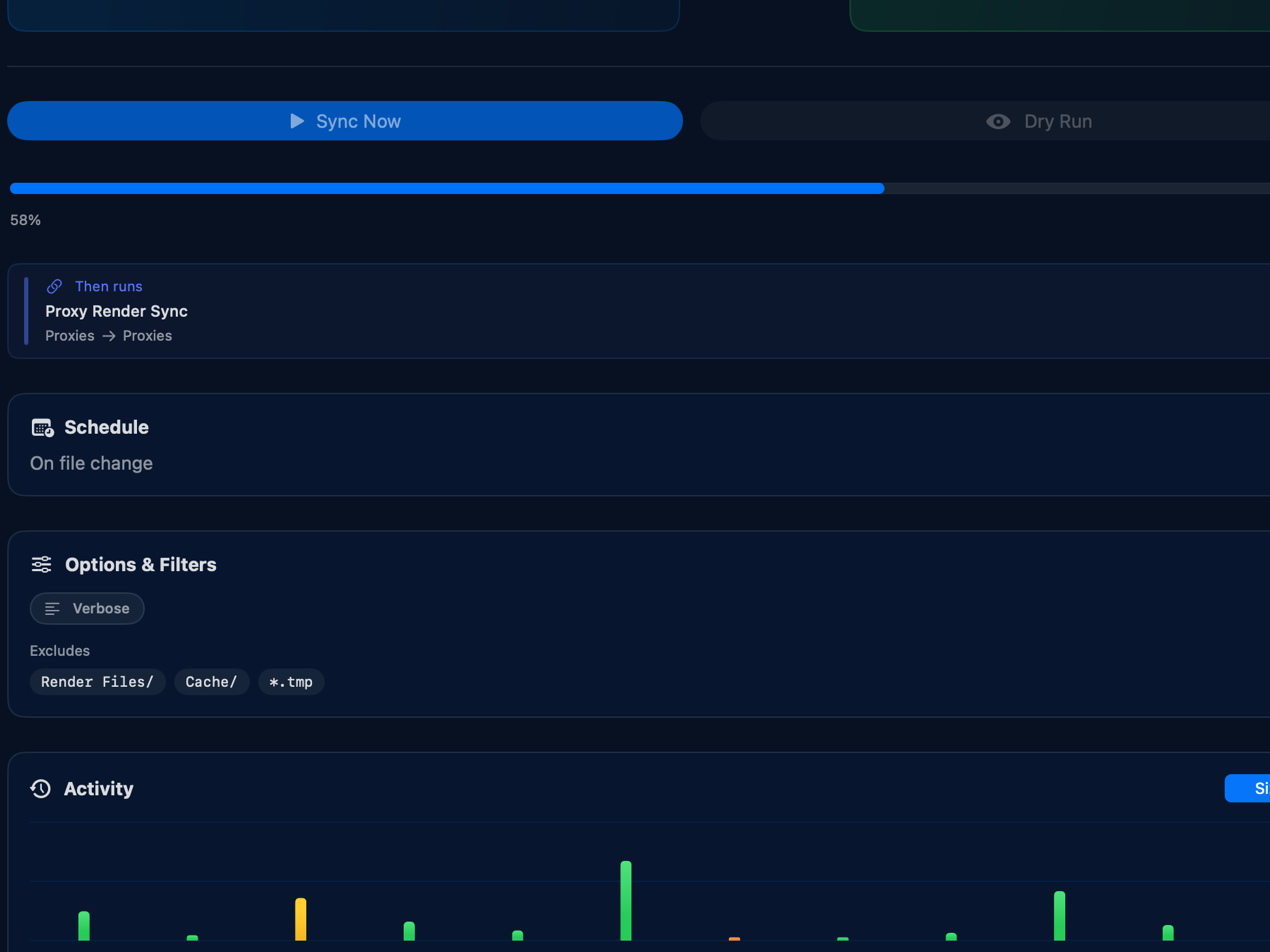 A sync running in Kopya at 58 percent, showing the job it chains to next and its on-file-change schedule.